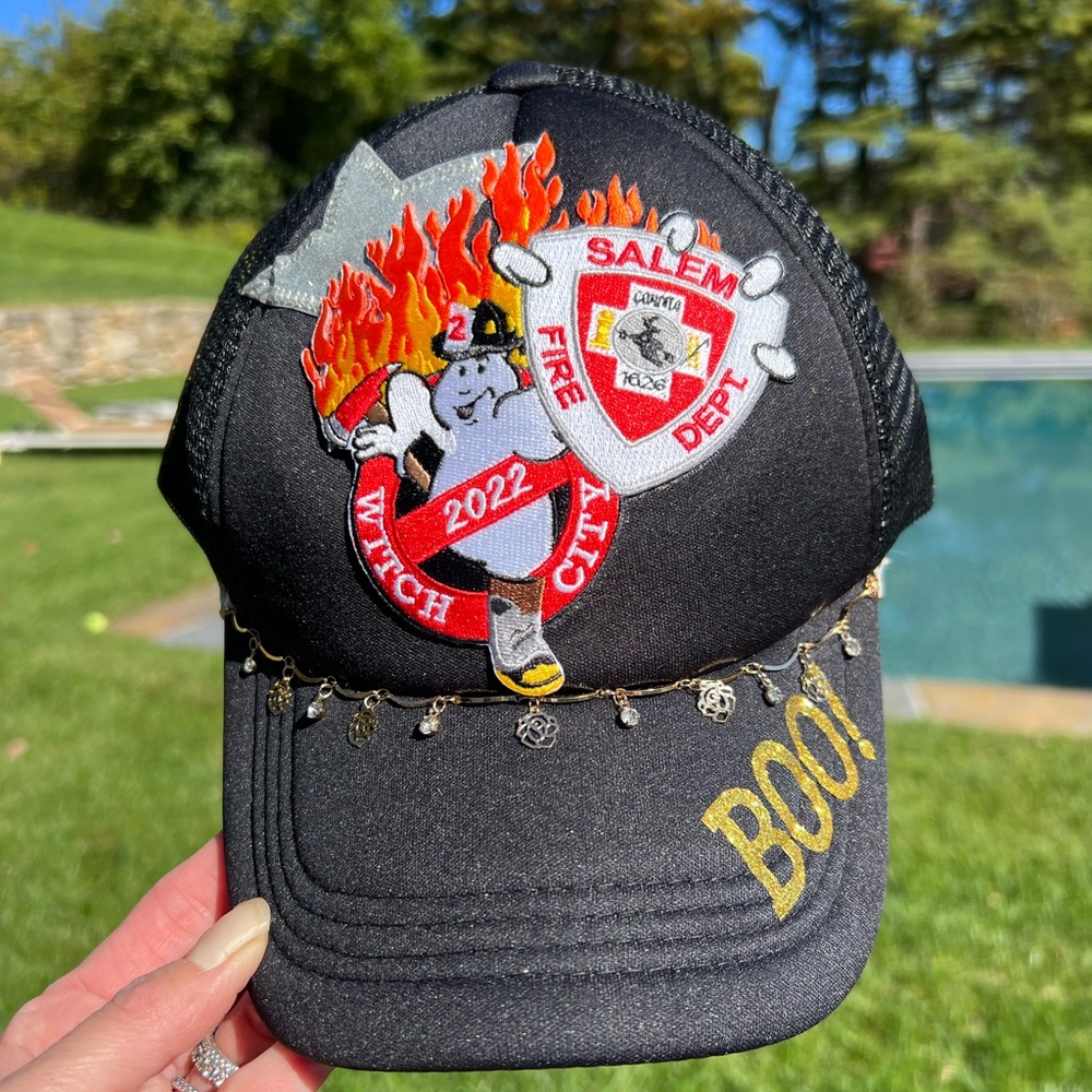 Halloween Trucker Hat. Hand made with patches from Salem MA